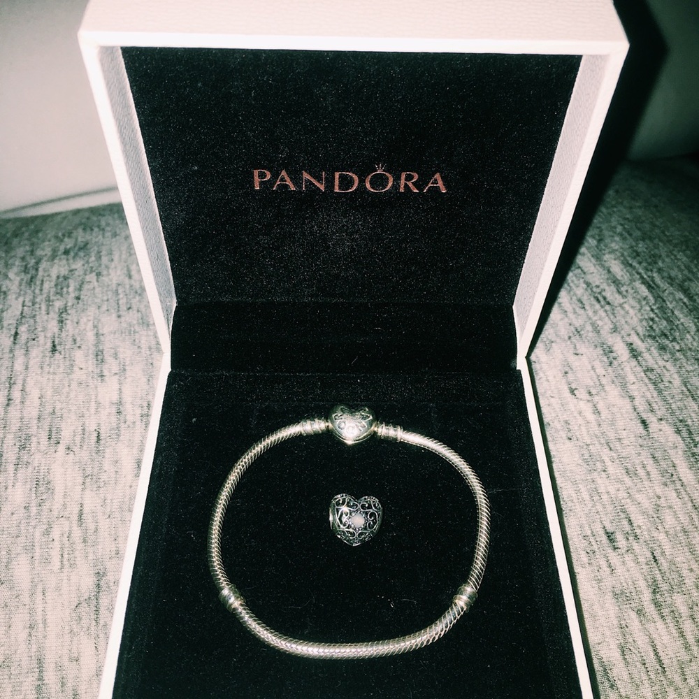 pandora silver heart clasp bracelet + charm